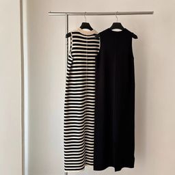 thumbnail for Contrast color striped knitted sleeveless vest dress women&#039s summer loose slimming high waist Ice Silk straight skirt retro thin