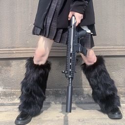 thumbnail for y2k calf ring hairy socks set imitation fur qq show girl pink leather buckle warm leg sleeve jk spicy heap socks