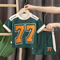 thumbnail for 2025新款儿童短袖套装字母短袖拼接洋气男童宝宝两件套