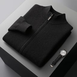 thumbnail for Men&#039s pure wool cardigan ingot needle zipper thickened turtleneck solid color long sleeve autumn and winter New wool knitted cardigan