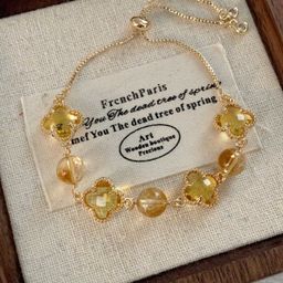 thumbnail for Ametista natural, cristal de morango, cristal rosa, citrino, obsidiana, pulseira de liga de trevo de quatro folhas, várias opções disponíveis