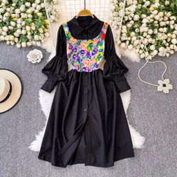 thumbnail for French Retro Lapel Lantern Sleeve Slim Long Shirt Dress Layered Oil Painting Print Waist Suspender Suit