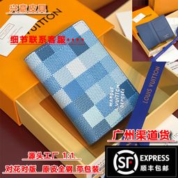 thumbnail for New Labeled L Passport Case Unisex Wallet Leather Marseillaise Blue Genuine Leather V Versatile M28609 Wallet Card Holder