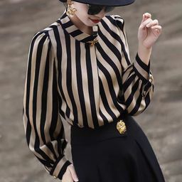 thumbnail for 2025春秋新款感气质通勤长袖立领金属扣条纹衬衫上衣女