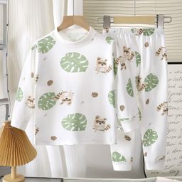thumbnail for Children's cotton underwear set, white background printed full flower pajamas, close-fitting forest animals, panda flowers, two-piece set