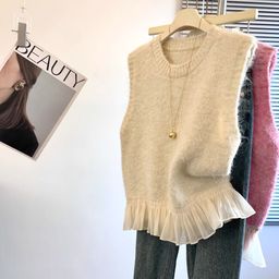 thumbnail for Ruffled Lace Knitted Vest Women&#039;s Spring Design Sense Fake Two-piece Sleeveless Waistcoat Stacked Sweater Vest Top