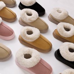 thumbnail for New Winter Cotton Slippers for Home, Warm Footbeds with Fur Trim, Eva Anti-Slip Snow Boots, Plush Cotton Shoes for Men and Women