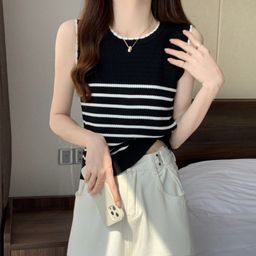 thumbnail for Pullover Striped Knitted Women's Outer Wear Summer New Slim Fit Versatile Short Sleeveless Sweet and Cute Top for Women