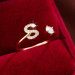 thumbnail for TEMU Hot Sale 26 English Alphabet Micro-inlaid Zircon Fashion Women&#039;s Ring Copper Plated 14K Open in stock Ring