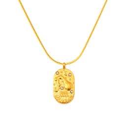 thumbnail for European and American versatile vintage vintage zodiac pendant necklace, cross-border accessory, stainless steel cast oval brand zircon pendant