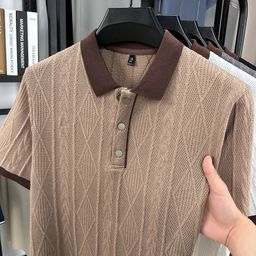 thumbnail for 2026 summer knitted short-sleeve men's clean solid color Korean style sweater collar jacquard embroidered top for men