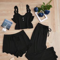 thumbnail for 【Shengbei Cross-Border Strict Selection】Cross-Border Hot-Selling European and American High-Elastic Lace Trim Camisole Short Pants Three-Piece Set for Women