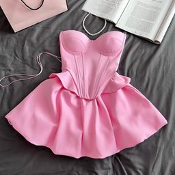 thumbnail for European and American women's 2025 autumn new sweet and fresh strapless waist-cinching tank top, high-waisted slimming skirt two-piece set