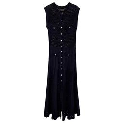 thumbnail for S family light luxury, over-the-knee covering, hollow sleeveless knitted dress, women's long skirt, large swing, slim figure, thin temperament, celebrity