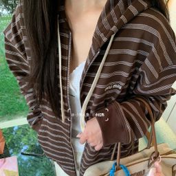 thumbnail for High-Quality Nanyou Trendy Brand mm Brown Retro Striped Hooded Zip-Up Sweatshirt Loose Casual Style Jacket Wholesale