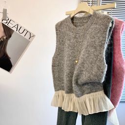 thumbnail for Ruffled Lace Knitted Vest Women&#039;s Spring Design Sense Fake Two-piece Sleeveless Waistcoat Stacked Sweater Vest Top