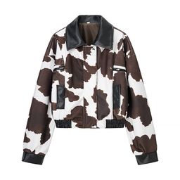 thumbnail for European and American personalized design cow pattern leather jacket women's early autumn new street style high-end lapel cropped top