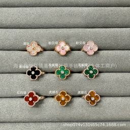 thumbnail for Fan Family classic four-leaf clover ring for women, high-end 18k gold plated light luxury INS mother-of-pearl diamond-inlaid clover layered ring