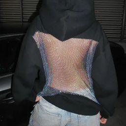 thumbnail for 2025 Fall/Winter New Women's Amazon European and American Cross-border Hooded Long Sleeve Open Back Spliced Mesh Loose Sweatshirt