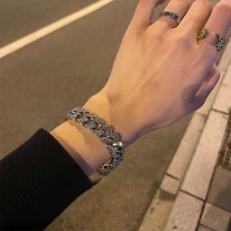 thumbnail for Pulseira de corrente cubana cravejada de diamantes estilo Wang Yibo para homens e mulheres, pulseira moderna estilo hip-hop europeu e americano, joias de estilo minimalista.