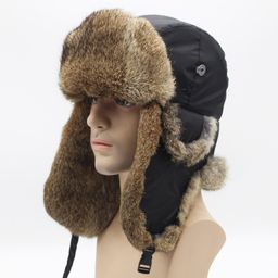 thumbnail for Foreign trade fur hats, rabbit fur Lei Feng hats, winter warm men's cloth-topped grass rabbit fur small hats, thickened ear protection hats