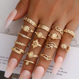 thumbnail for Cross-Border Hot-Selling Ring European and American Fashion Opal Cut Out Relief Elephant Moon Star Combination 16-Piece Ring for Women