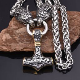 thumbnail for European and American Viking wolf head Thor hammer pendant necklace men's retro domineering jewelry wholesale