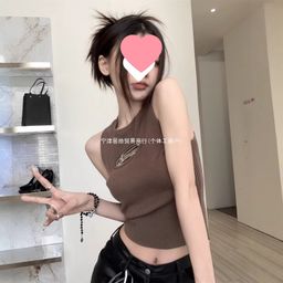 thumbnail for American-Style Spicy Metal Label Hollow-Out Knitted Tank Top for Women, Summer Design, Short Slim-Fit Hot Girl Top for Outerwear