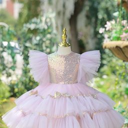 thumbnail for First birthday dress 2026 children's princess dress, stylish little girl birthday pink cake dress, host piano performance outfit