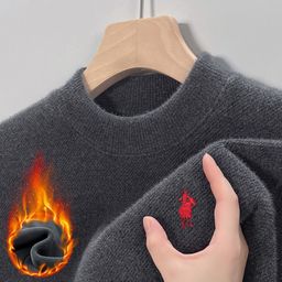 thumbnail for Middle-aged men&#039s fleece-lined thick sweater winter new warm fashion half high collar sweater base coat wholesale