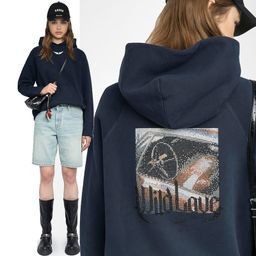 thumbnail for 25 autumn and winter new French niche ZV rear white ink digital print steering wheel hot diamond fleece women's hooded sweatshirt