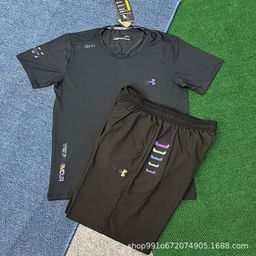 thumbnail for In stock quick-drying sports stretch shorts short sleeve set men's summer loose fitness running basketball pants breathable and quick-drying