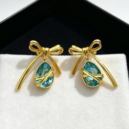 thumbnail for 26 New bow sea blue diamond earrings, fashionable light luxury, high-end classic everyday versatile earrings, factory direct sale