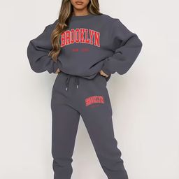 thumbnail for 2025 European and American Cross-Border Women's New Fashion Letter Print Casual Fleece-Lined Round Neck Sweatshirt Sports Suit 0019 Print