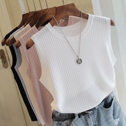 thumbnail for Summer New Round Neck Vest for Women with Wide Shoulder Straps, Versatile Ice Silk Thin Inner Sleeveless Knitted Pure Color Outer Top