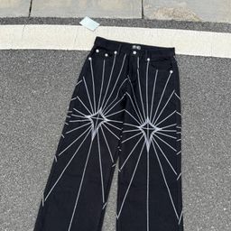 thumbnail for Top version tc embroidery spider web mid-rise loose jeans men's embroidery washed drape casual wide-leg pants