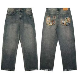 thumbnail for Cross-Border Foreign Trade Trendy Brand Derschutze Casual Long Pants Plum Blossom Embroidery Street Fashion Loose Wide-Leg Jeans