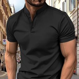 thumbnail for Camisa polo casual de manga curta com gola alta em tecido waffle para homens da AliExpress e Amazon.