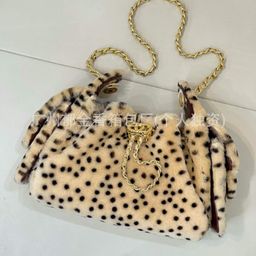 thumbnail for 26A wool black 25bag mini milk apricot leopard print wild plush fabric double C drawstring polka dot shoulder bag