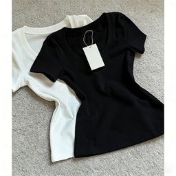 thumbnail for Pink U-neck short-sleeve T-shirt for women, summer 2026, new round neck shoulder slim fit, inner layer, short-sleeve base shirt