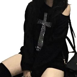 thumbnail for Cross-border AliExpress Amazon cross-border rhinestone asymmetrical shoulder top for women, loose gothic American sexy off-shoulder sweatshirt