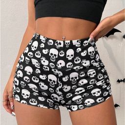 thumbnail for Halloween Skull Print Short Pleated Tight Pants 2025 Amazon Summer and Autumn High Waist Tight Sports Shorts for Women