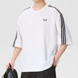 thumbnail for High-Quality Three-Stripe Pure Cotton Round-Neck Fashion Mid-Sleeve T-Shirt for Men and Women, Summer Trendy Loose-Fitting Versatile Top