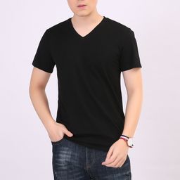 thumbnail for Summer men's lycra cotton short-sleeved T-shirt solid color V-neck fashion half sleeve base slim men's clothing one piece drop shipping
