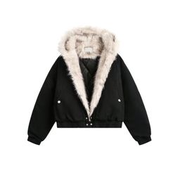 thumbnail for American Retro Cleanfit Fur Collar Jacket with Hooded Cotton Coat for Men and Women, Winter Thickened Jacket Cotton Coat Trendy