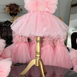 thumbnail for Pink princess dress for girls, 2026 spring fly-sleeve mid-size tulle skirt for babies, first birthday dress for babies