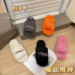 thumbnail for Foreign trade high version Paris wool slippers women's outer wear letter embroidery platform lambswool autumn and winter flat slippers