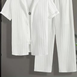 thumbnail for Foreign trade suits, men's pit stripes, suit collars, short-sleeved button-down tops, trousers, solid color casual two-piece suits, cross-border dropshipping