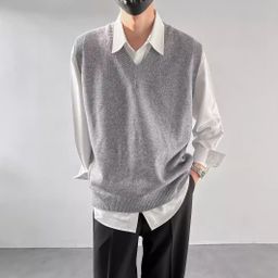 thumbnail for Spring Autumn and Winter Korean Style Loose Base Sweater Sleeveless Vest Men&#039;s Inner Top Pullover V-Neck Sweater Vest