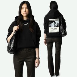 thumbnail for 24 winter new French niche ZV wings behind the white ink digital print hot diamond fleece women's hooded sweatshirt